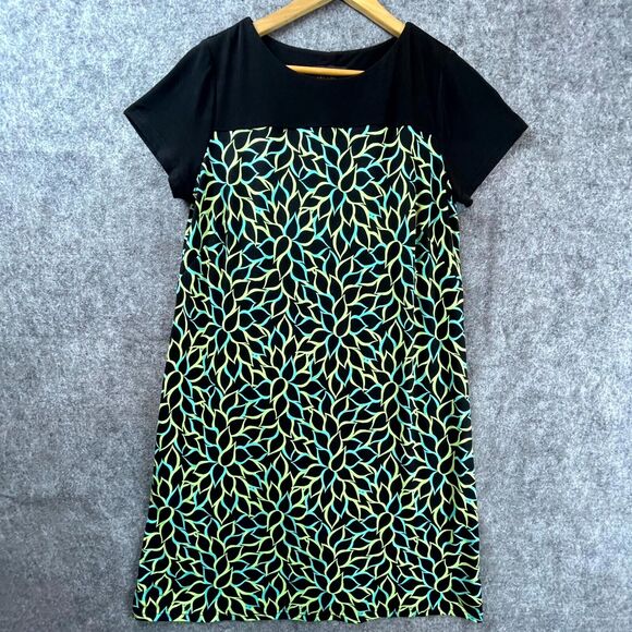 Bob Mackie Dress M Black Green Patterned Stretch Artsy Fun Bright Pullon - Picture 1 of 6